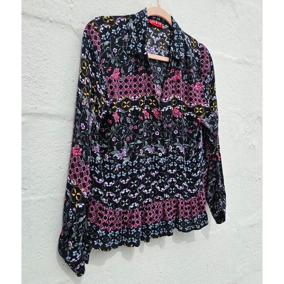Josie Natori Pajama Top Womens Small Black Pink Floral Button Up Blouse Flowy - Picture 3 of 9